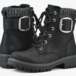 Cliffs by WHITE MOUNTAIN Black Lace-Up Knit-Cuff Buckle Ankle Boots